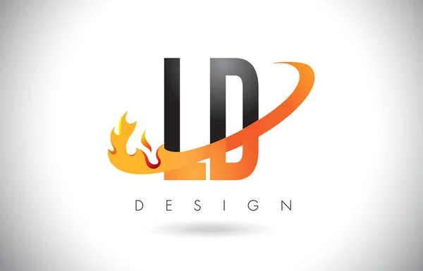 LD L D brev logotyp med eld flammar Design och Orange Swoosh. — Stock vektor