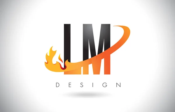 Logotipo de la carta de LM L M con diseño de llamas de fuego y swoosh naranja . — Archivo Imágenes Vectoriales