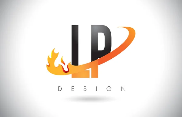 LP L P листа логотип з вогнем вигадки дизайн і помаранчевий галочка. — стоковий вектор