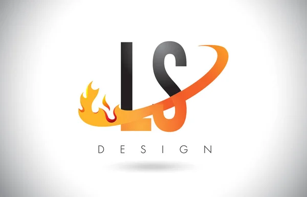 Logotipo de la letra LS L S con diseño de llamas de fuego y swoosh naranja . — Vector de stock