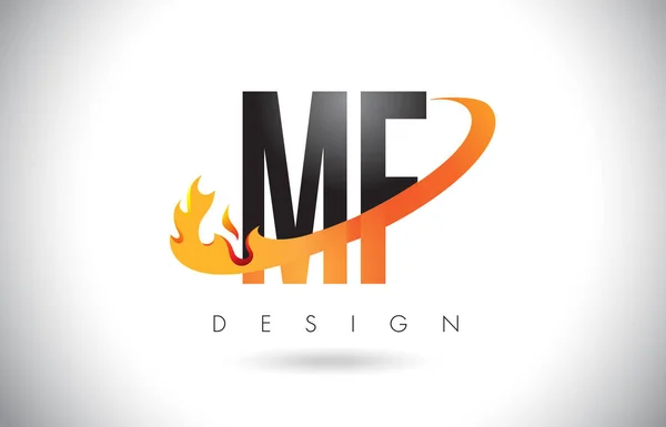 MF M F letra logotipo com fogo chama design e laranja Swoosh . —  Vetores de Stock