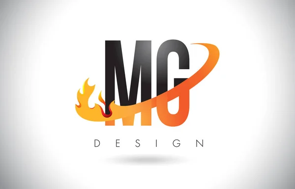 Mg m g Brief-Logo mit Feuerflammen-Design und orangefarbenem Swoosh. — Stockvektor