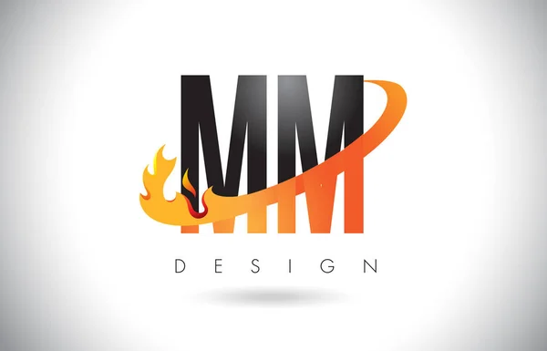 Mm M M levél logó tűz lángok Design és a narancs Swoosh. — Stock Vector