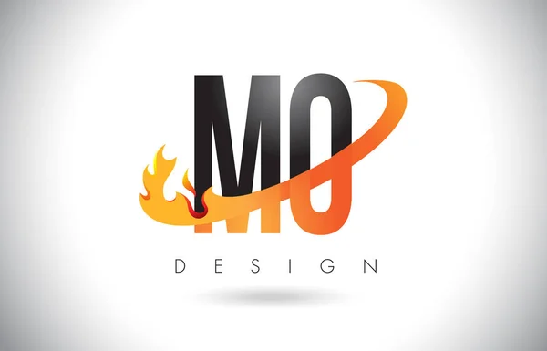 Mo m o letter logo mit feuerflammen design und orangefarbenem swoosh. — Stockvektor