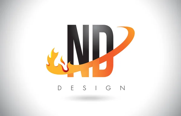 ND N D betű logó tűz lángok Design és a narancs Swoosh. — Stock Vector