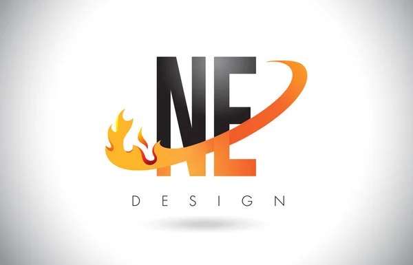 Ne N E brief Logo met brand vlammen Design en oranje Swoosh. — Stockvector