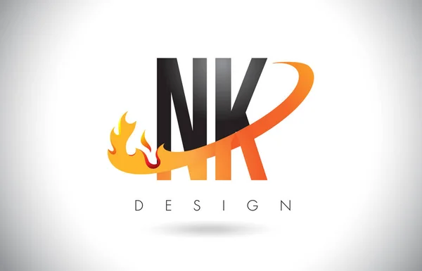 NK N K brief Logo met brand vlammen Design en oranje Swoosh. — Stockvector