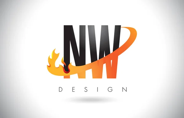 NW N W brief Logo met brand vlammen Design en oranje Swoosh. — Stockvector
