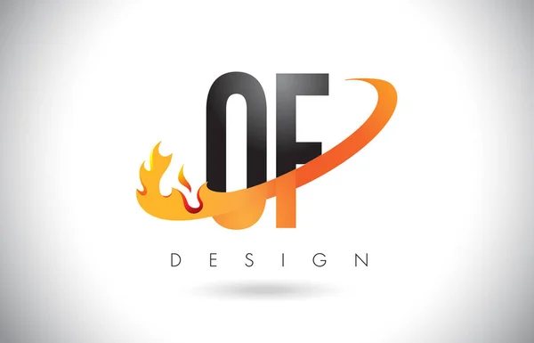 O F Lettera logo con fuoco fiamme Design e Swoosh arancione . — Vettoriale Stock