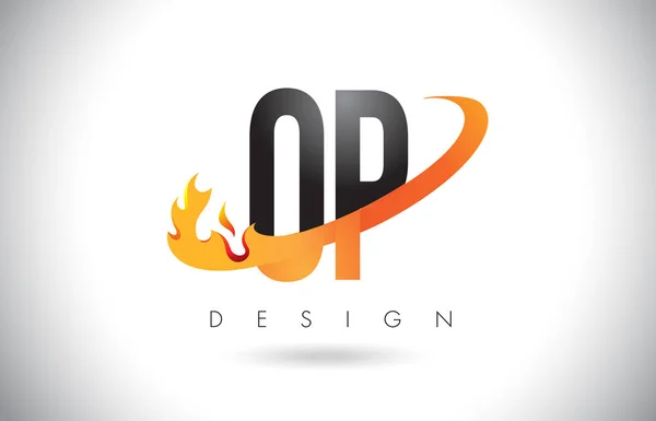 Logo de lettre OP O P avec conception de flammes de feu et swoosh orange . — Image vectorielle