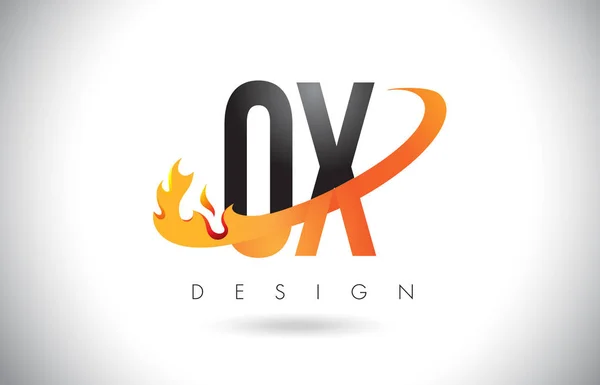 OX O X letra logotipo com fogo chama design e laranja Swoosh . — Vetor de Stock