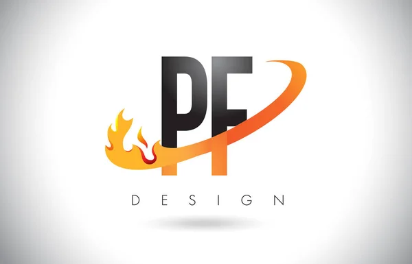 Válaszukat P F logó tűz lángok Design és a narancs Swoosh. — Stock Vector