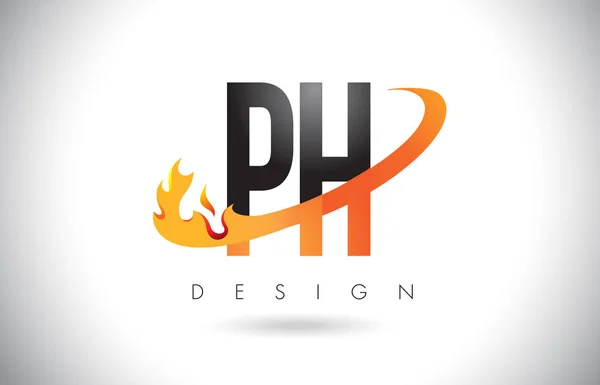 Logo lettre PH P H avec conception de flammes de feu et swoosh orange . — Image vectorielle