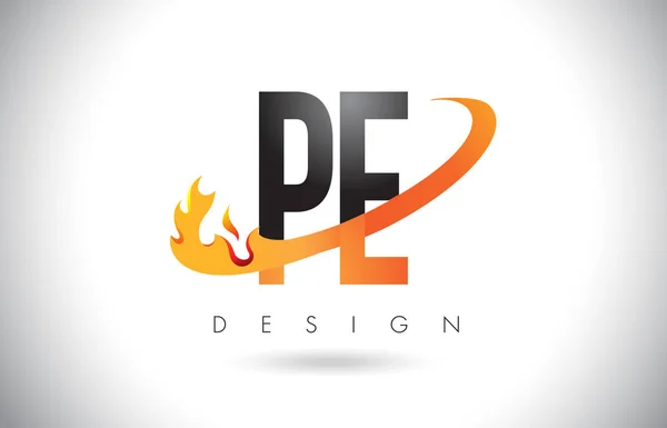 Pe p e letter logo mit feuerflammen design und orangefarbenem swoosh. — Stockvektor