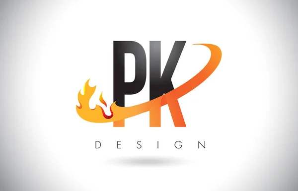 PK P K лист логотип з вогнем вигадки дизайн і помаранчевий галочка. — стоковий вектор