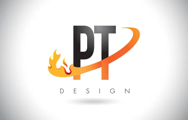 PT P T dopis Logo s ohněm plameny Design a oranžové Swoosh. — Stockový vektor