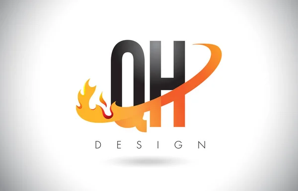 Logotipo de letra QH G H con diseño de llamas de fuego y swoosh naranja . — Vector de stock