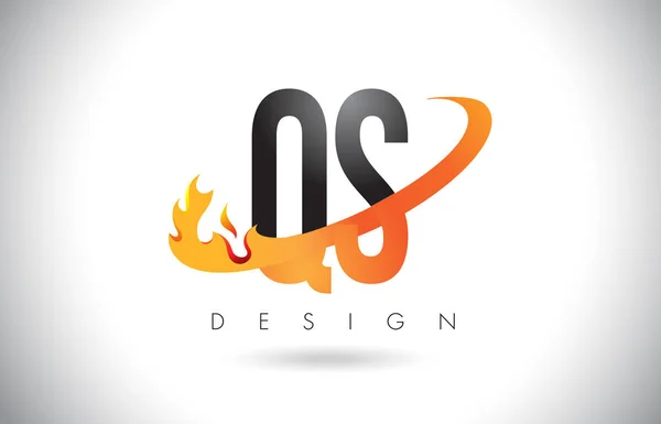 QS Q S Letter Logo com fogo chama Design e laranja Swoosh . — Vetor de Stock