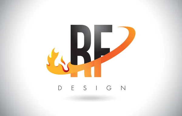 RF R F Letter Logo with Fire Flames Design and Orange Swoosh. — Stock Vector