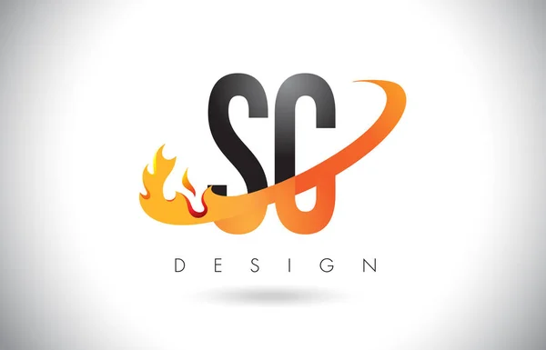SC S C Letter Logo with Fire Flames Design and Orange Swoosh. — Stock Vector