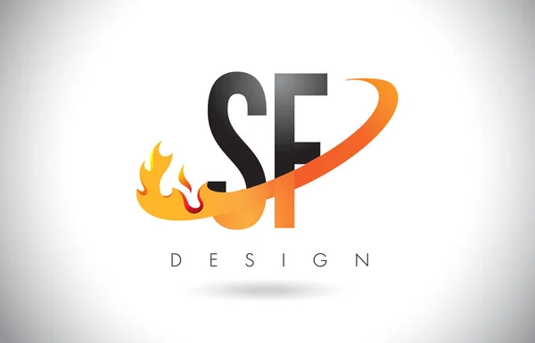 SF S F Letter Logo with Fire Flames Design and Orange Swoosh. — Stock Vector