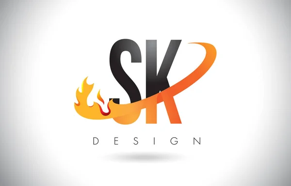 Logotipo de letra SK S K con diseño de llamas de fuego y swoosh naranja . — Vector de stock