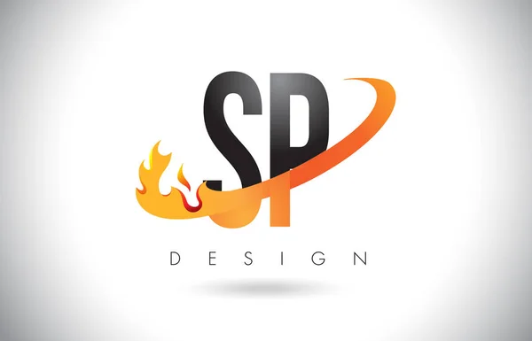 SP S P Letter Logo with Fire Flames Design and Orange Swoosh. — Stock Vector