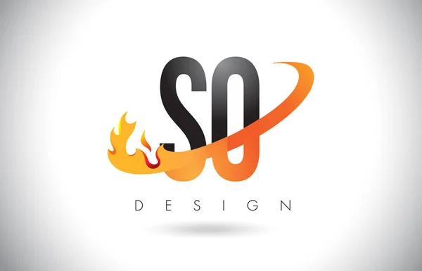 Dus S O brief Logo met brand vlammen Swoosh Design en oranje. — Stockvector