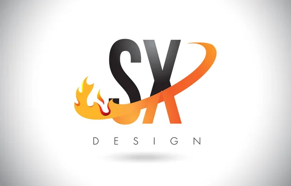 Logotipo de letra SX S X com fogo chama design e laranja Swoosh . — Vetor de Stock