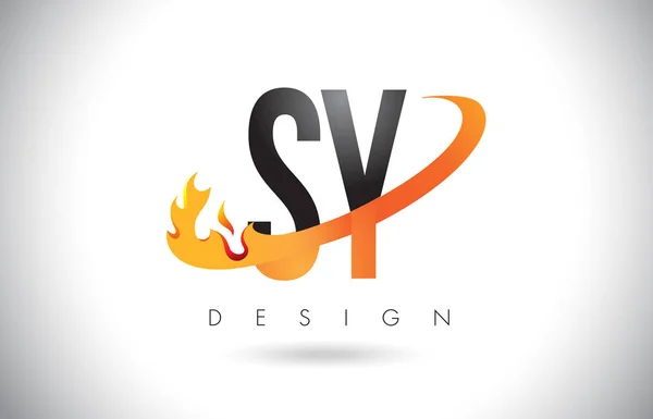 SY S Y letra logotipo com fogo chama design e laranja Swoosh . — Vetor de Stock