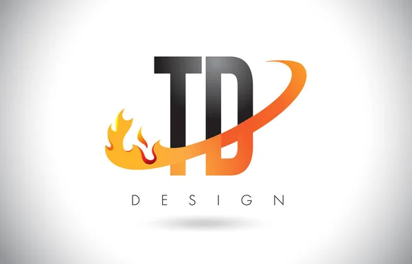 Tűz TD-T D betű Logo Design lángok és narancs Swoosh. — Stock Vector