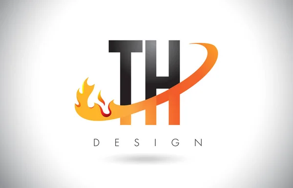 Logo TH T H list z ogień płomienie Design i Orange Swoosh. — Wektor stockowy