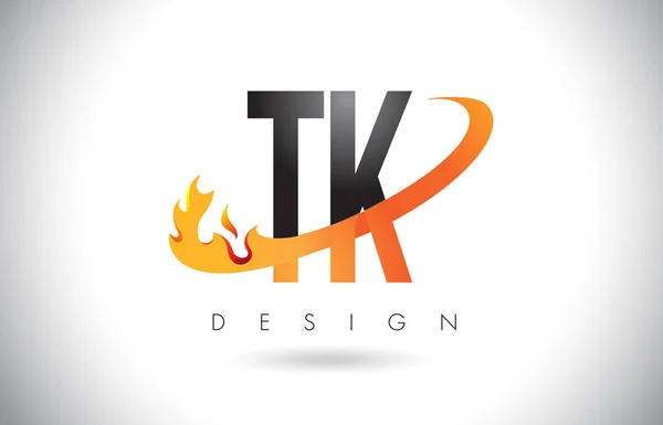 TK T K Letter Logo with Fire Flames Design and Orange Swoosh. — Stock Vector