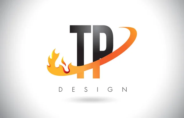 Tp T P 字母标志用火火焰设计和橙色旋风. — 图库矢量图片