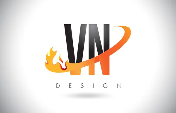 Logotipo de letra VN V N com fogo chama design e laranja Swoosh . — Vetor de Stock