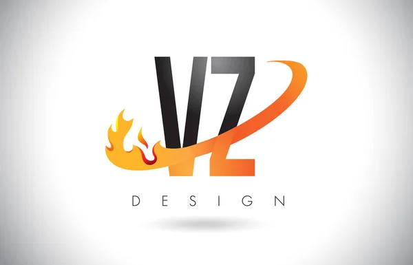 Logotipo de letra VZ V Z con diseño de llamas de fuego y swoosh naranja . — Vector de stock