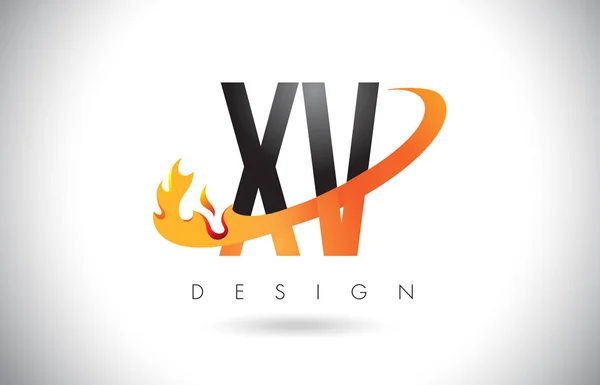 XV X V logotipo da carta com fogo chama design e laranja Swoosh . — Vetor de Stock