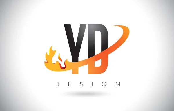 YD Y D brief Logo met brand vlammen Design en oranje Swoosh. — Stockvector