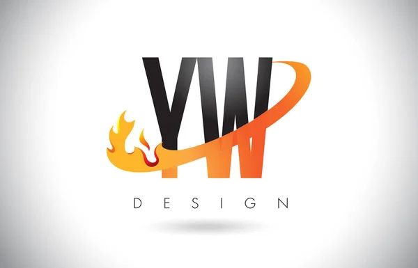 Logotipo de letra YW Y W con diseño de llamas de fuego y swoosh naranja . — Vector de stock