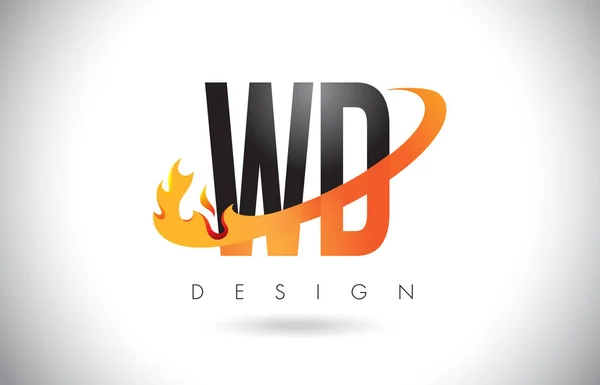 WD W D brief Logo met brand vlammen Design en oranje Swoosh. — Stockvector