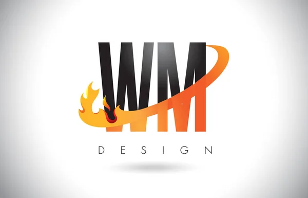 Logo de lettre de WM W M avec la conception de flammes de feu et Swoosh orange . — Image vectorielle