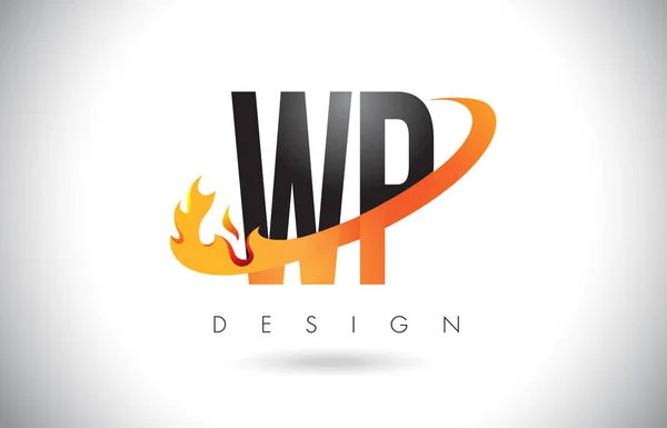Logotipo de letra WP W P con diseño de llamas de fuego y swoosh naranja . — Archivo Imágenes Vectoriales