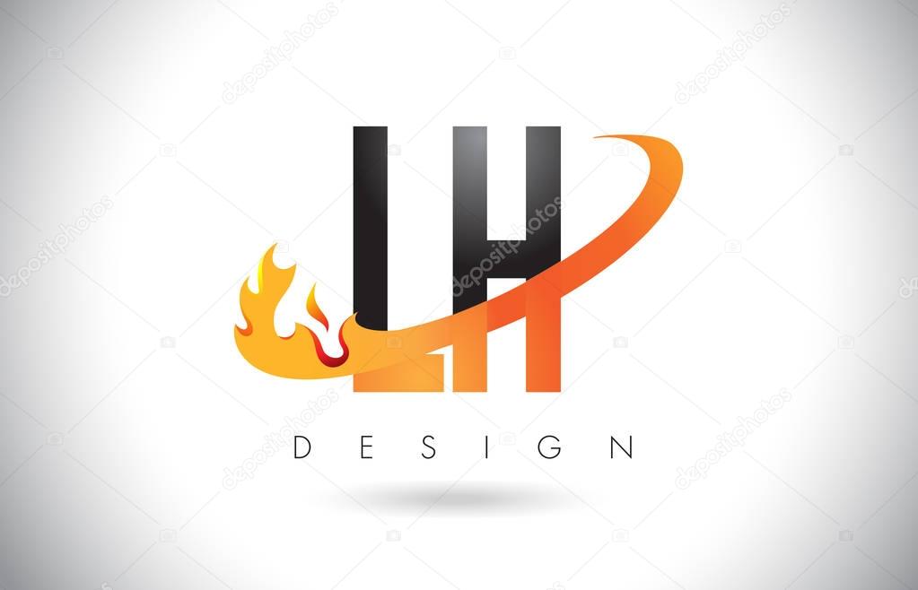 LH L H Letter Logo Design with Fire Flames and Orange Swoosh Vector Illustration.