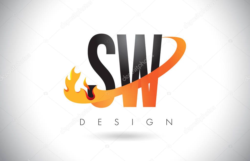 SW S W Letter Logo Design with Fire Flames and Orange Swoosh Vector Illustration.