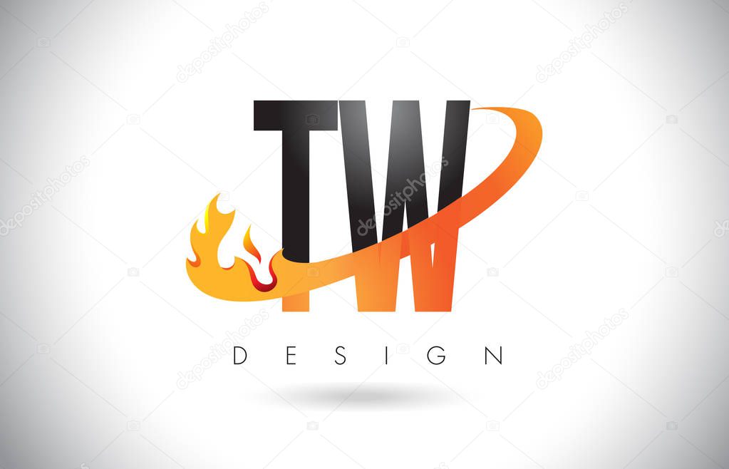 TW T W Letter Logo Design with Fire Flames and Orange Swoosh Vector Illustration.