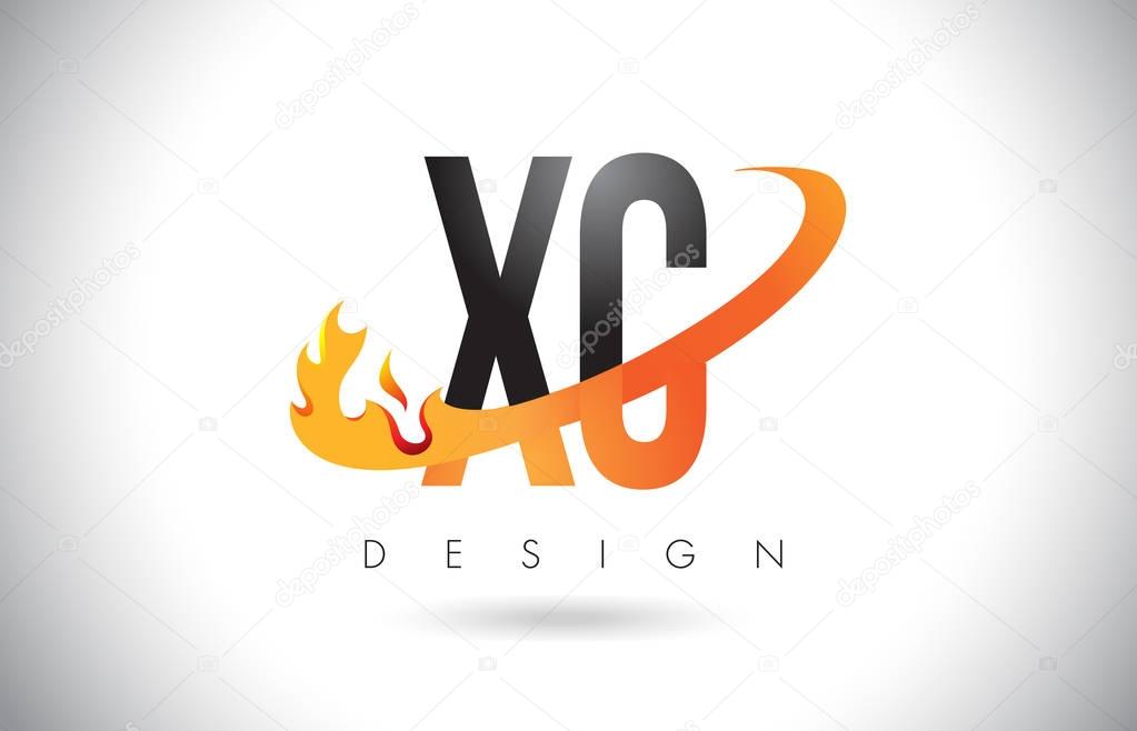 XC X C Letter Logo with Fire Flames Design and Orange Swoosh.