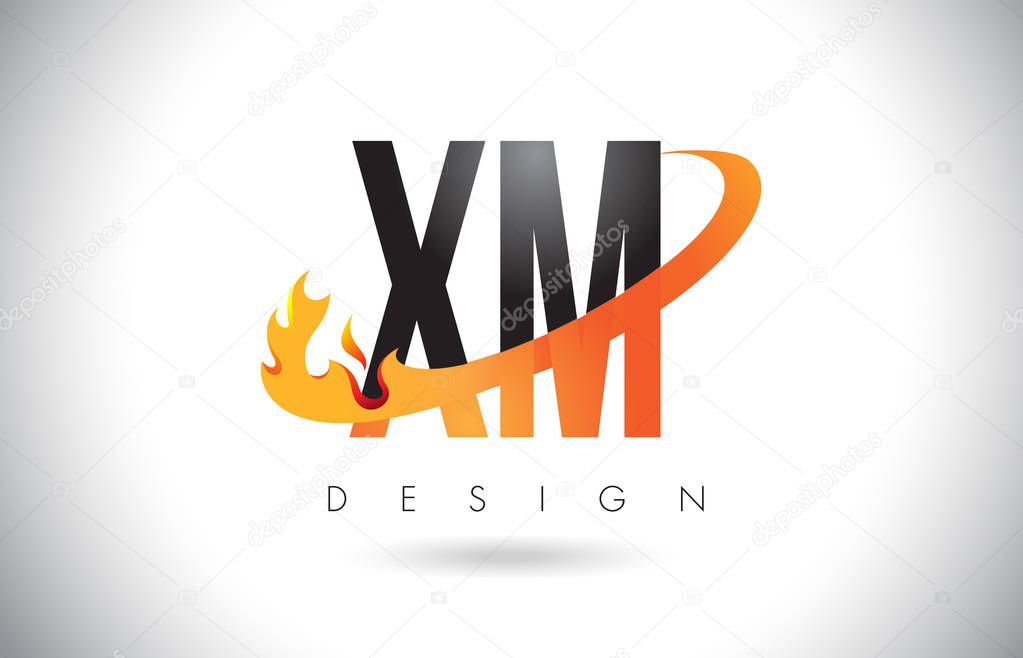 XM X M Letter Logo Design with Fire Flames and Orange Swoosh Vector Illustration.