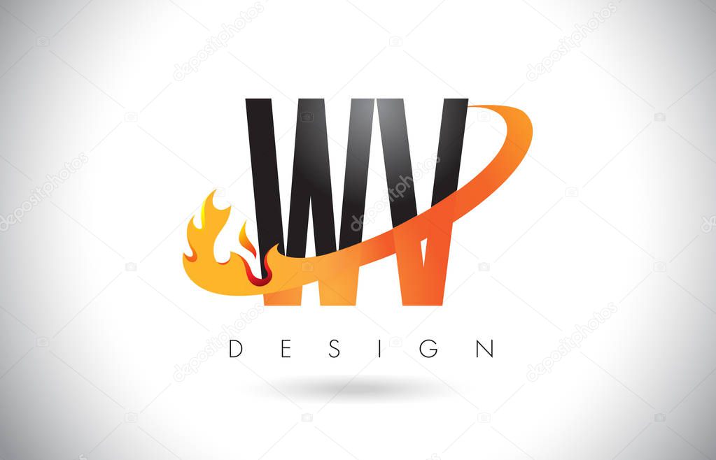 WV W V Letter Logo with Fire Flames Design and Orange Swoosh.