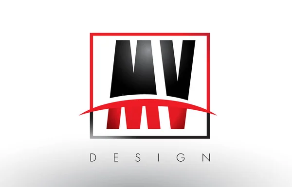 MV M V Logo Letters met rood en zwart kleuren en Swoosh. — Stockvector