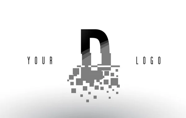 Logo de letra D Pixel con cuadrados negros destrozados digitales — Vector de stock